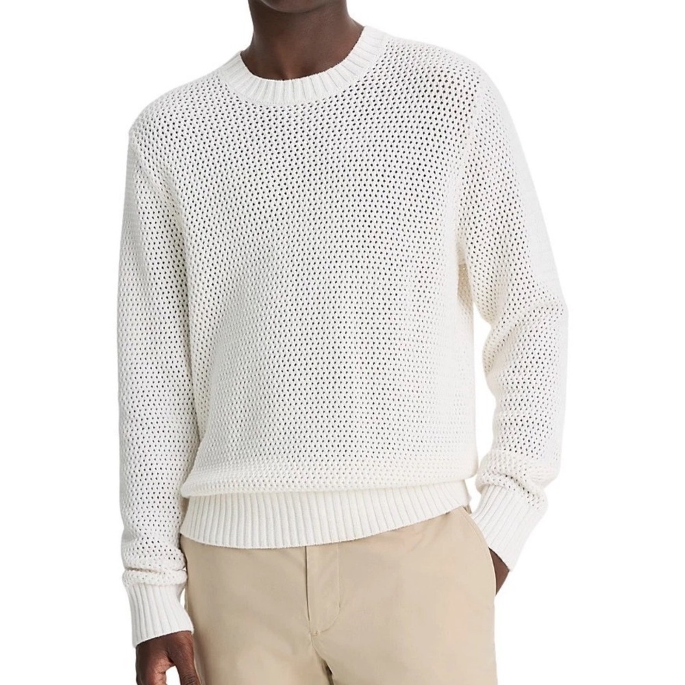 Men's White Open-Knit Crewneck Sweater